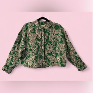 C&C California Green 100% Linen Cropped Shirt w Illustrated Tropical Print Sz L